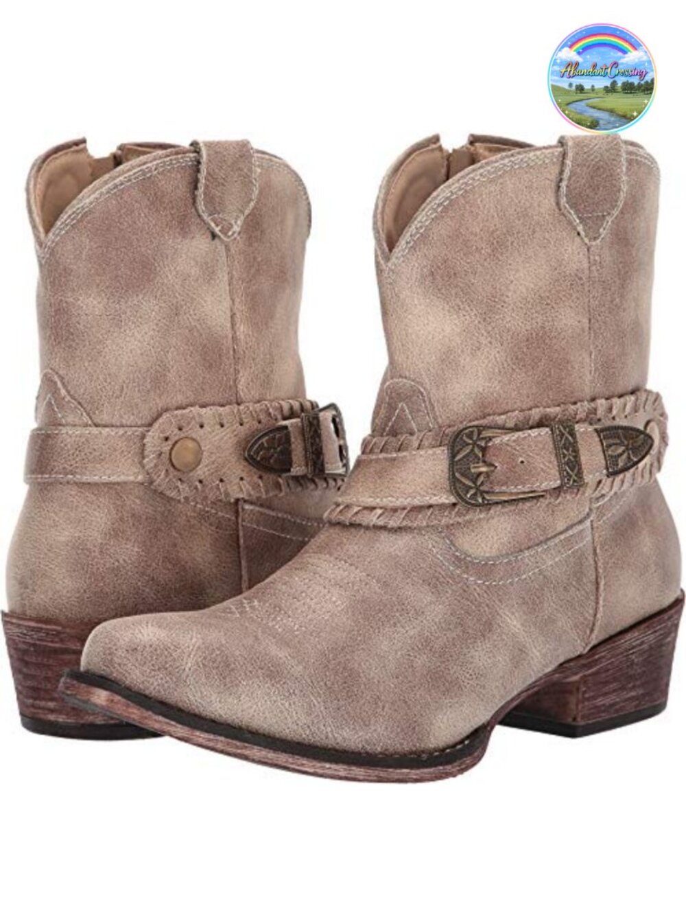 Vintage Faux Leather Ankle Bootie with Buckle, Low Block Heel, Round Toe